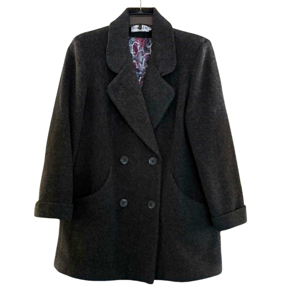 Herman Kay Pea Coat Womens 10 Charcoal Gray Wool Blend Double Breasted Classic